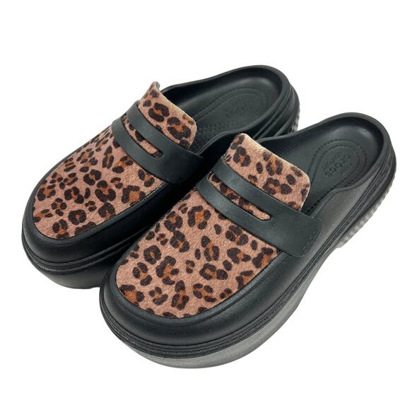 Crocs Stomp Leopard Loafer Platform Shoes W8/M6 Comfort Slip On Brown Black - Picture 1 of 9